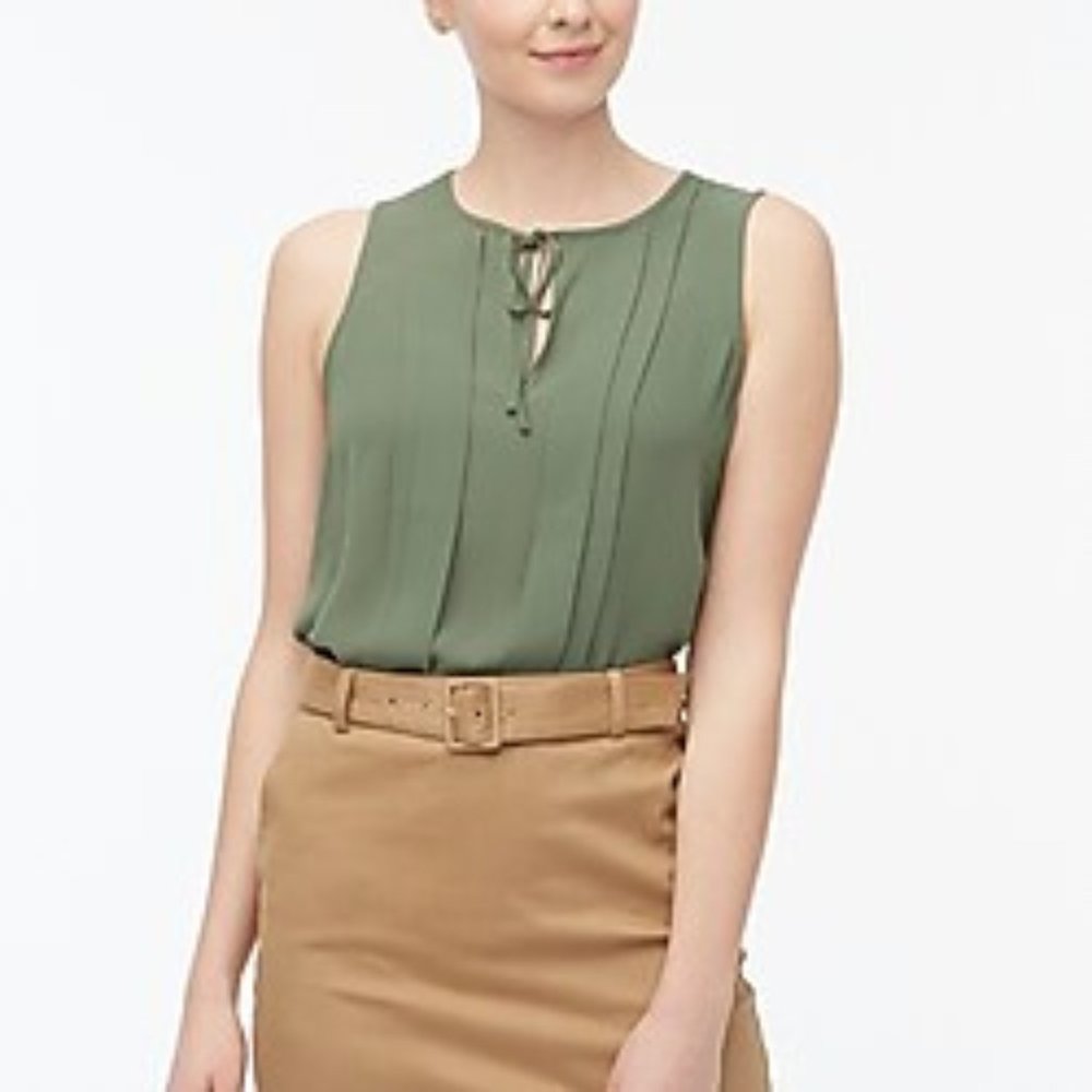 NEW J.CREW Sleevless Pleated Tie Neck Top Utility Green